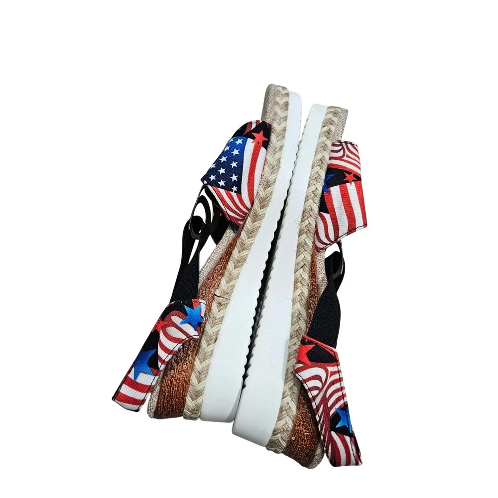 Hola Camel Wedge Sandals Womens 40 Red White Blue American Flag Patriotic Stars